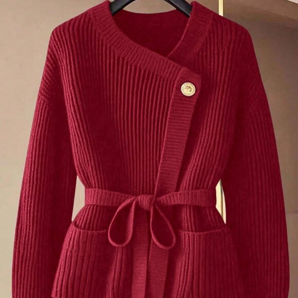Sweaters - burgunday belted knit sweater top
